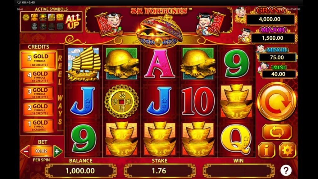 A screenshot of the slot reels in 88 Fortunes. The background has deep red hues and an ornate design. In the foreground are the slot reels with various gold symbols, including a golden sailship, a gold tortoise on a pile of coins, a gold coin, and a gold sycee. There are also card-themed symbols in bright colors, including the A, J, 10, and 9. On the left of the reels are the gold symbols levels, and on the right of the reels are the jackpot rewards and the game interface. Part of the game interface is below the reels as well. The active symbols section is in the top-left corner of the reels.