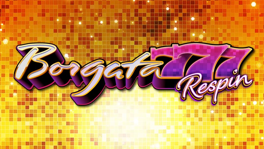 The Borgata 777 Respin header. The background is filled with shiny squares in various hues of orange, brown, and white. Balls of light can be seen reflecting off some of these squares. In the foreground is the Borgata 777 Respin logo in a fancy cursive-style font with bold purple outlines.