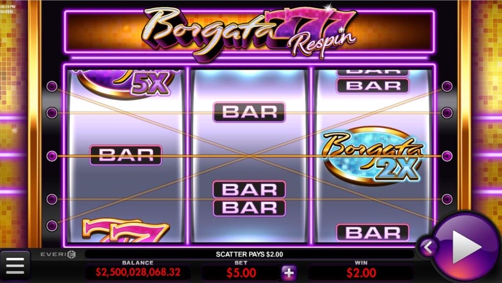 A screenshot of the slot reels in Borgata 777 Respin. The game has a gold, purple, and black slot-machine layout and three slot reels. The reels are filled with various symbols, including single BAR, double BAR, and the Borgata 2x wild. Lines indicating paylines cut across the reels. The game interface is below the reels, and the game title, above the reels. 