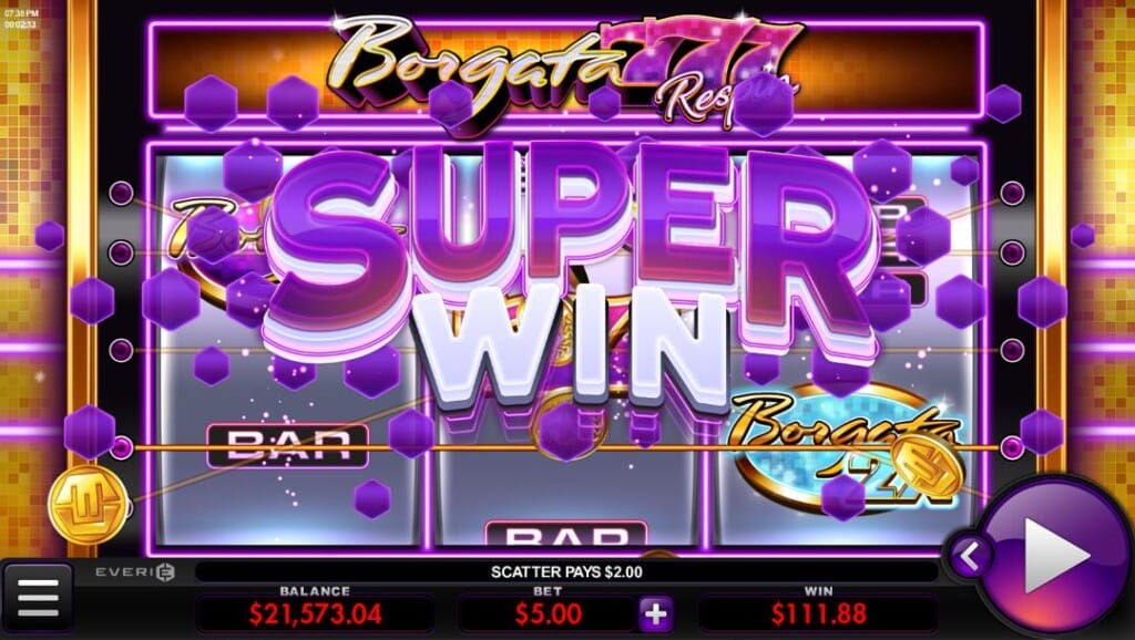 A screenshot of a Super Win in Borgata 777 Respin. The words “Super Win” are surrounded by floating purple hexagons in front of the game reel. The background features the gold, purple, and black slot machine layout with three slot reels. The game name is above the reels and the game interface, below the reels.