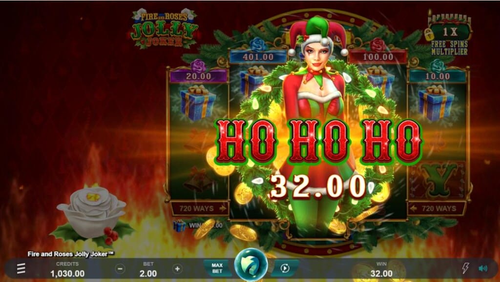 A screenshot of a win in Fire and Roses Jolly Joker. In front of the reels is the joker mascot with the words “Ho Ho Ho.” Below the words is a payout of 32.00. The game’s reels and background have a faded appearance. The game interface is clearly visible at the bottom of the screen.