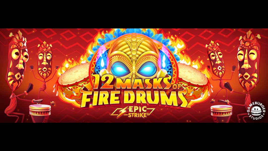 The 12 Masks of Fire Drums banner. The background features hues of red with African-style designs on it. In the foreground are four masked creatures. Two of them are dancing and two of them are playing drums. In the center of the banner is the game logo. It features a gold African-style mask with drums on either side and an ornate circle with blue trimmings around it. Flames rise from behind the drums and mask.