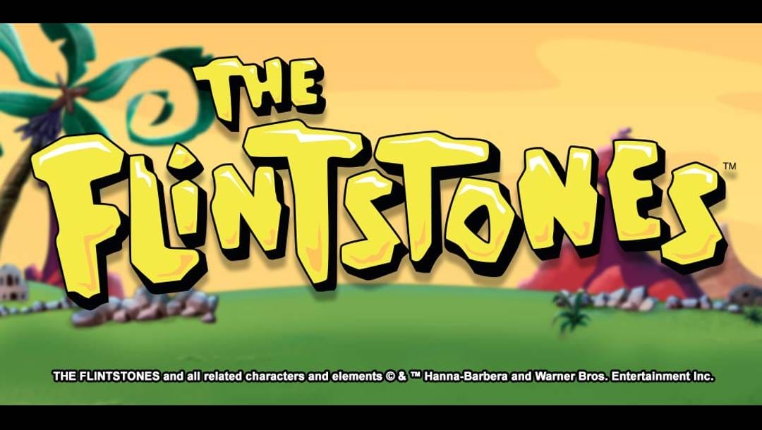 The Flintstones banner. The background is a blurry view of a grassy hilltop in Bedrock with palm trees, rocks, and mountains in the distance. In the foreground is The Flintstones title in the prehistoric-style Flintstones font.