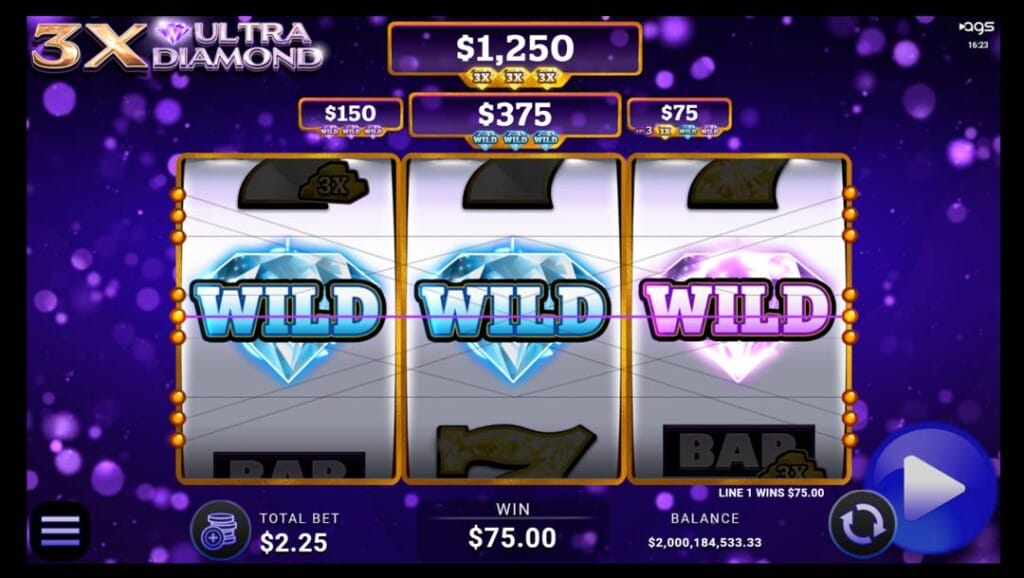 A screenshot of the slot game 3X Ultra Diamond. It features a vibrant, glowing purple background filled with soft orbs of light. In the foreground are three vertical slot reels framed in gold, each displaying large, shimmering diamond symbols. These symbols are two blue diamond wild symbols on the first and second reels, and a purple wild symbol on the third reel. Above the reels are the jackpot prizes. The game interface is visible below the reels. 