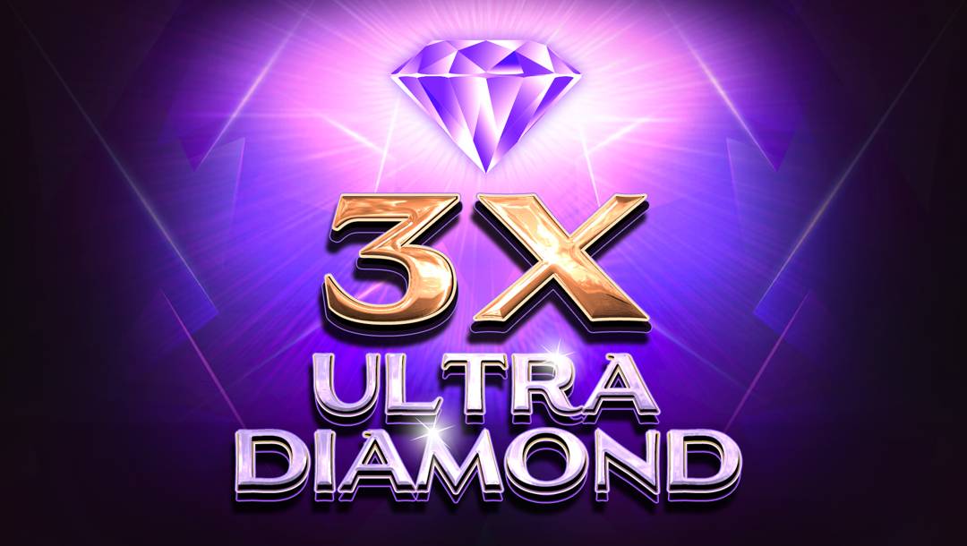 The header for 3X Ultra Diamond. The background features a burst of light in the center, with subtle angular patterns and a lens flare effect. In the foreground, a large, faceted purple diamond sits at the top of the game name, glowing brightly. Below the diamond, the text 3X is rendered in bold, shiny gold letters with deep shadows for a 3D effect. Beneath that, the words ULTRA DIAMOND appear in a polished silver-metallic font with shining highlights.