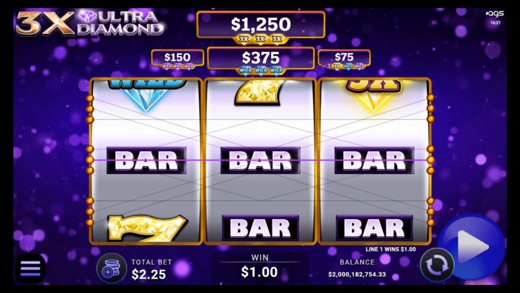 A screenshot of the slot reels in 3X Ultra Diamond. The game is set against a vivid purple background with scattered glowing circular light effects. The foreground has three slot reels framed in gold, each containing classic slot symbols like BAR, 7, and WILD symbols. The active payline runs through the middle row, showing a winning combination of three BAR symbols across all reels. Above the reels, the jackpot prizes are displayed. The game interface is located at the bottom of the screen. 