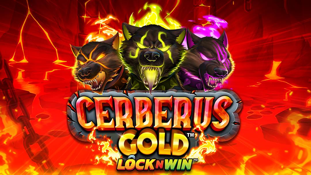 The Cerberus Gold LockNWin header. The background is a lava-filled pit filled with chains and flames and with rocky outcroppings. In the foreground is the game title set against a gray stone border. Above the game title are the three heads of Cerberus, each with different colored markings, light, and flames over their bodies. The first head has orange light and fire markings, the second, yellow light and fire markings, while the third head has purple light and fire markings.