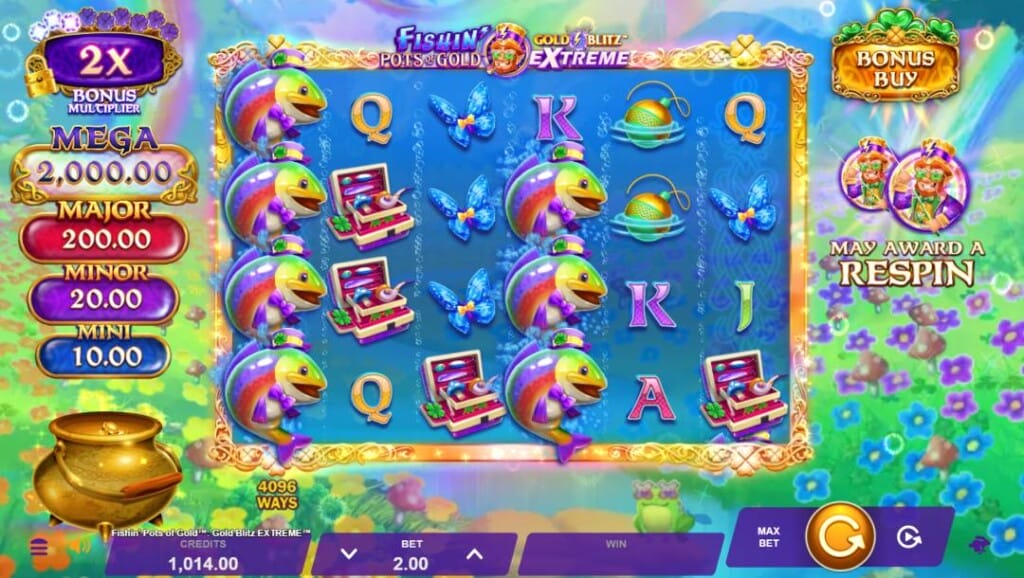 A screenshot of the slot reels in Fishin' Loaded Pots Gold Blitz Extreme. It has a 6-reel slot layout filled with whimsical symbols like rainbow trout in leprechaun hats, purple treasure chests, butterflies, fishing bobbers, and regular slot symbols such as the A, K, Q, J. The underwater-themed reels are contained in a glowing gold frame. On the left of the reels are the jackpot prizes, the bonus multiplier, and the pot of gold, and below the reels is the game interface. The background features a magical countryside bursting with purple and blue flowers and rolling green hills.