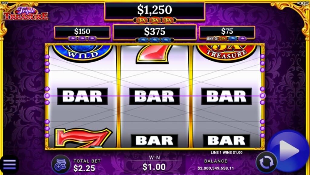 A screenshot of a BAR win in Triple Treasure. The game has a 3×3 reel layout, luxurious purple damask background, and ornate gold frame. The reels prominently display a horizontal win across the center line, featuring three matching BAR symbols in bold white letters against a black background. Above the reels are four jackpot prizes and below the reels, the game interface.