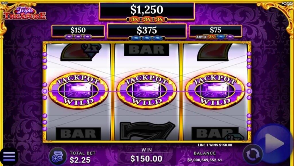 A screenshot of a jackpot win in Triple Treasure. Its signature 3×3 reel is framed in gold and set against a lavish purple patterned background. In the foreground, the three central reels display large, glowing jackpot wild symbols featuring a radiant purple gem encircled by a gold ring. Above the reels are the four jackpot tiers and below the reels, the betting and payout interface.