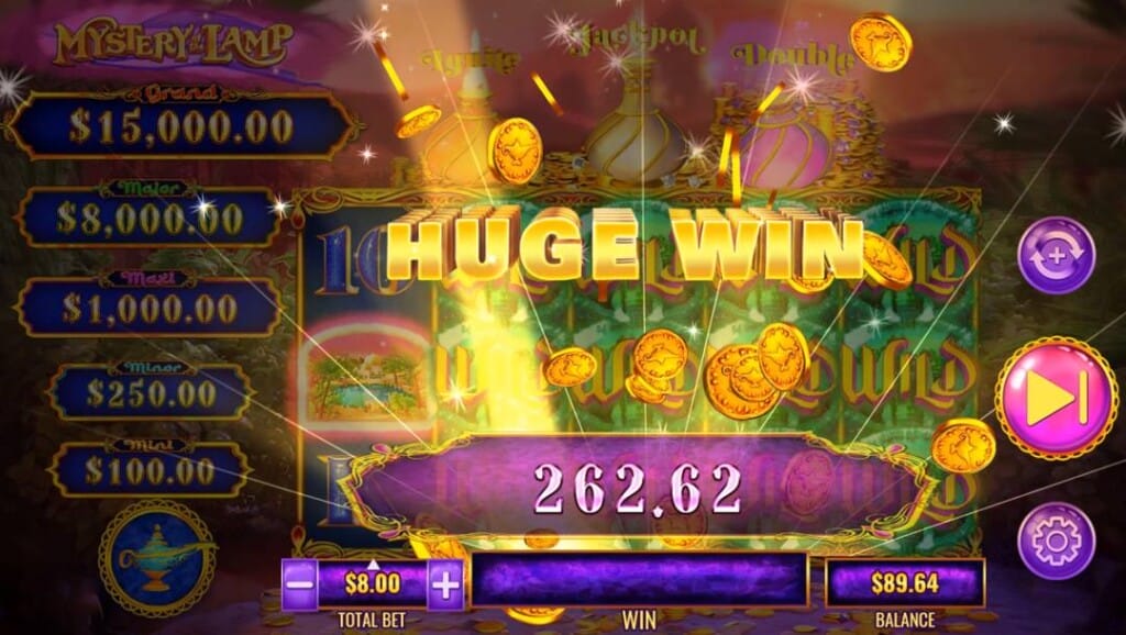 A screenshot of a huge win in the Mystery of the Lamp Treasure Oasis slot game. The words “HUGE WIN” in bold, golden letters appear across the center of the reels. A burst of golden light and animated coins fill the screen, emphasizing the celebratory moment, while a purple and gold-framed banner at the bottom displays the win amount of 262.62. In the background, the game reels are dimmed. On the right side and bottom is the game interface.