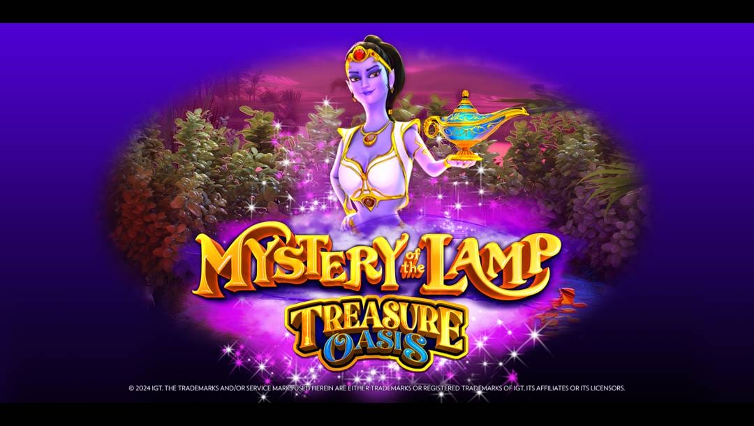 The banner image for the slot game, Mystery of the Lamp Treasure Oasis. In the foreground, a mystical purple genie with dark hair and golden jewelry floats gracefully above a glowing pink mist, holding a magical golden lamp in her left hand. Below her, the game’s title is prominently displayed in ornate, golden lettering with the subtitle Treasure Oasis rendered in bold blue and gold. The background fades from a vivid purple at the top into a lush, exotic landscape with thick foliage and warm sunset lighting, creating a magical, twilight ambiance. Sparkling stars and magical effects surround the genie.