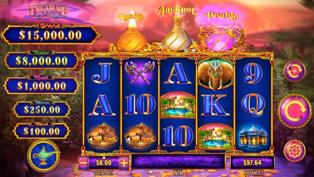 A screenshot of the slot reels in the Mystery of the Lamp Treasure Oasis slot game. The game is set against a lush and enchanted sunset landscape with glowing pink skies and tropical foliage. In the foreground, the reels are richly framed in gold and feature vibrant blue backgrounds with colorful, thematic symbols like jeweled elephants, palaces, treasure platters, and classic high-card icons like A, K, Q, and 10. At the top of the screen, three ornate potion bottles labeled “Ignite,” “Jackpot,” and “Double” rest on top of piles of gold coins, hinting at potential bonus features and magical outcomes. To the left are the game’s five jackpot rewards, and to the right and bottom, the game’s interface.
