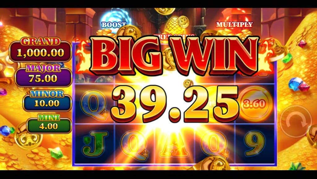 A screenshot of a win in the Happy Fortune Dragon slot game. In the foreground is a bold red and gold “BIG WIN” banner with a win amount of 39.25 displayed. Animated gold coins and a radiant light burst appear from behind the text and numbers. In the background, the game reels are dimmed with barely visible symbols like Q, J, and a glowing coin. To the left of the reels are the jackpot prizes, while the “Spin” button is faintly visible to the right.