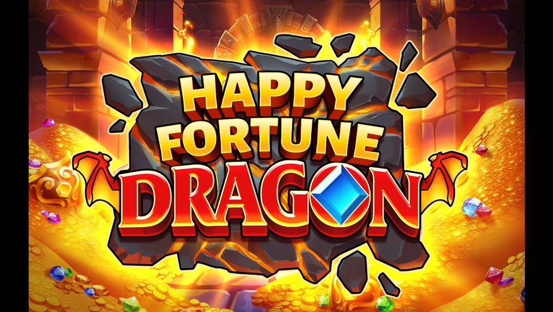 A screenshot of the banner for the slot game Happy Fortune Dragon. The game’s name is boldly displayed in the center on a cracked stone slab that appears to burst outward with energy. The words “HAPPY FORTUNE” are written in a blocky, gold gradient font, while “DRAGON” is written in bright red letters with a blue diamond icon replacing the letter "O" and small dragon wings flanking each side. The background showcases a glowing treasure chamber filled with mounds of gold coins and scattered colorful gems, set against warm orange and red lighting.