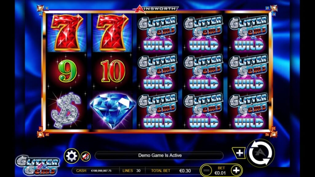 A screenshot of the Glitter Gems slot game highlights a winning moment filled with stacked wild symbols. The background features a deep sapphire-blue fabric texture. The foreground displays the reels, which are bordered in gold. Reels 3 to 5 are filled entirely with Glitter Gems wild symbols. Other symbols on the board include red 7s, green 9s, sparkling dollar signs, and blue diamonds. Below the slot reels is the game interface.