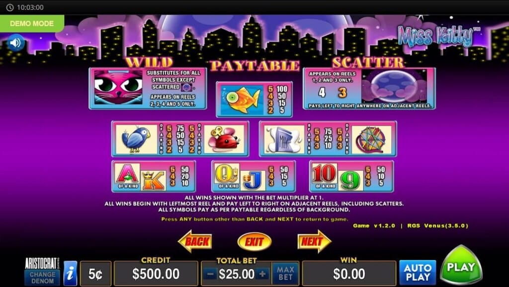A screenshot of the paytable screen from the Miss Kitty slot game. The paytable is set against a whimsical nighttime cityscape with black silhouetted skyscrapers and a purple sky. The game title Miss Kitty appears in a glowing blue font in the top right. The center section of the image breaks down the symbol values and features. The mascot cat face serves as the wild symbol, substituting for all but the scatter and appearing only on reels 2–5. The moon serves as the scatter, appearing only on reels 1–3, and triggers bonus features. Symbols like the goldfish, a bird, a wind-up toy mouse, milk, as well as the A, K, Q, J, 10, and 9 offer varying payouts.