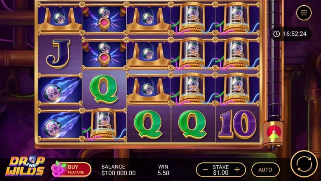 A screenshot of the game reels in Drop the Wild. The game is set against a backdrop filled with bronze pipes. The reels contain a variety of pinball-themed slot symbols, including flying pinballs, pinballs hitting bumpers, and pinballs about to be shot into a pinball machine. There are also regular playing-deck slot symbols.