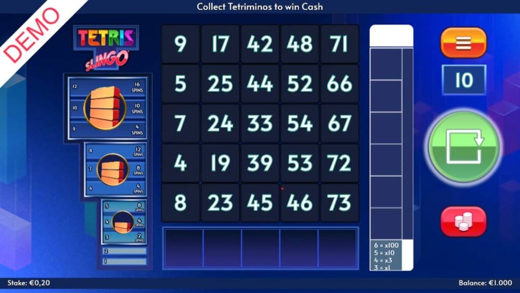 A screenshot of the Tetris Slingo game. The background is a faint blue with tetriminoes. In the foreground is the game grid with random numbers, as well as the game’s pay ladder.