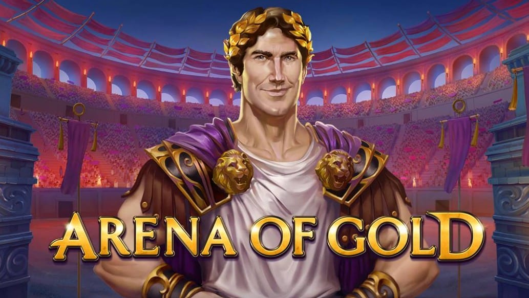 A banner of a confident Roman emperor in a white toga and gold laurel crown standing proudly in the center of a grand coliseum packed with cheering spectators. Below him, the bold golden title “Arena of Gold” is prominently displayed.