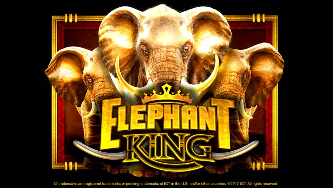 The image shows the title screen for the slot game Elephant King, featuring three glowing, majestic elephants with large tusks standing behind a bold, golden game logo. The words “Elephant King” appear in a dramatic font with a crown and ornamental tusks beneath, set against a deep red and gold frame.