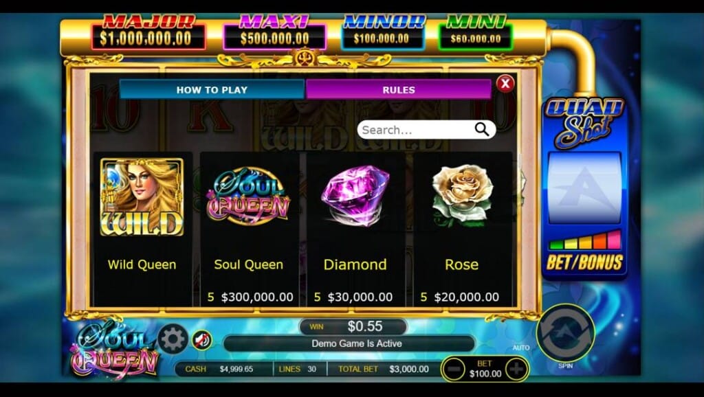 A screenshot of the Soul Queen paytable showing payouts for the symbols Wild Queen, Soul Queen, diamond, and rose.