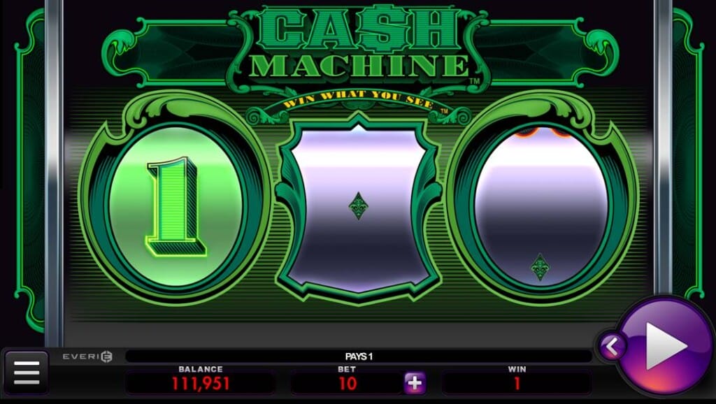 A screenshot of the Cash Machine slot reels. The online slot machine has three reels. The left reel shows a green 1, and the center and right reels are blank.