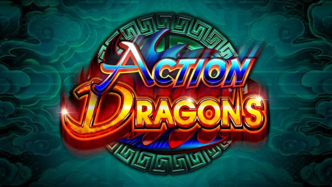 A header image for the Action Dragons slot with the colorful Action Dragons logo with fiery and icy effects on a green patterned background with swirling clouds.