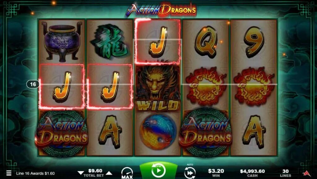 A screenshot of the Action Dragon slot reels showing a winning line of four J symbols highlighted in red, as well as other Asian-themed symbols on the reels.