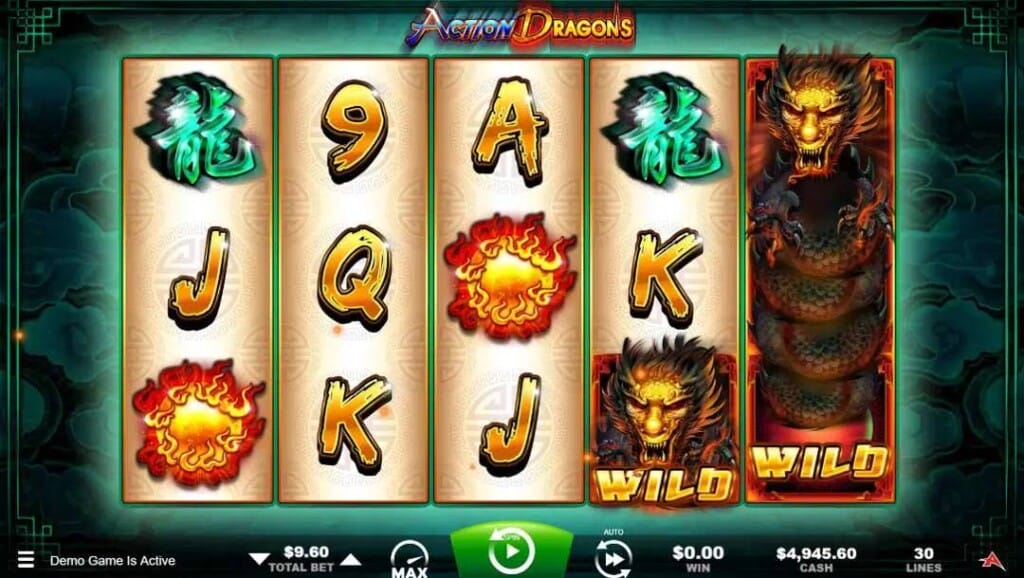 Action Dragons slot game screen with 5 reels showing symbols like dragons, fireballs, letters, and a golden dragon wild symbol on the 4th and 5th reels.