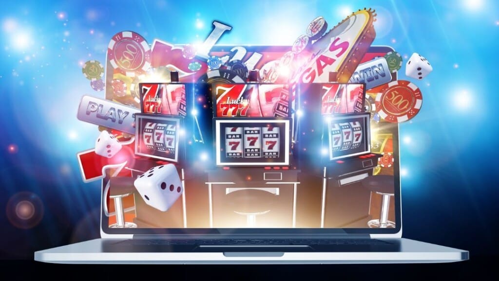 Animated casino elements like slot machines, dice, chips, and a Vegas sign bursting out of a laptop screen.