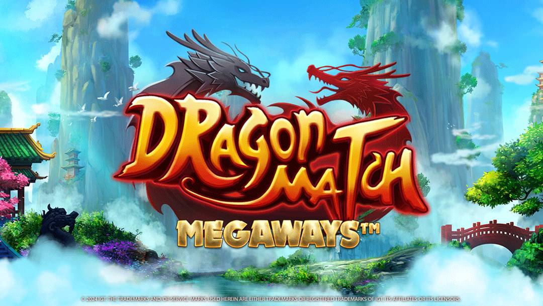 The header image for Dragon Match Megaways, containing red and black dragons, set in a misty, mountainous Asian landscape with temples and bridges.