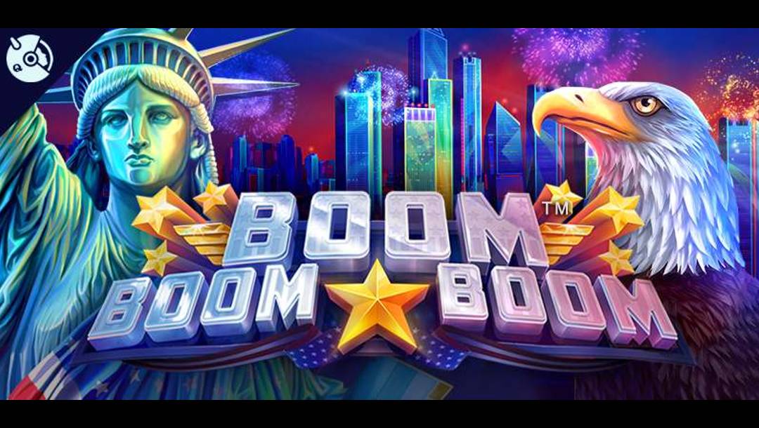The Boom Boom Boom header featuring the Statue of Liberty and bald eagle flanking the game title, with stars, a city skyline, and fireworks in the background.
