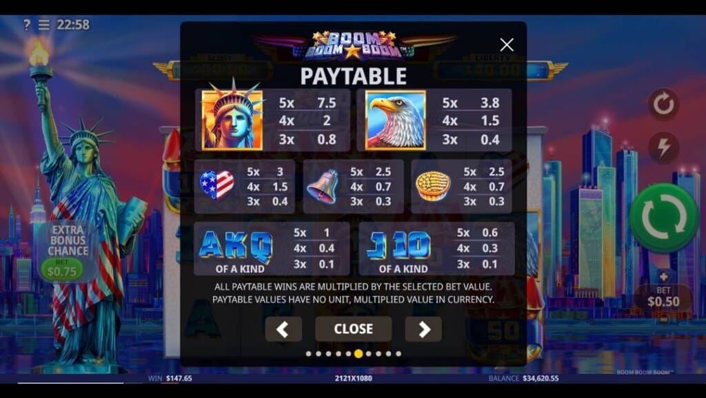 A screenshot of the paytable screen in Boom Boom Boom showing symbol values, including the Statue of Liberty, eagle, and card icons, with payout amounts for 3–5 matches.