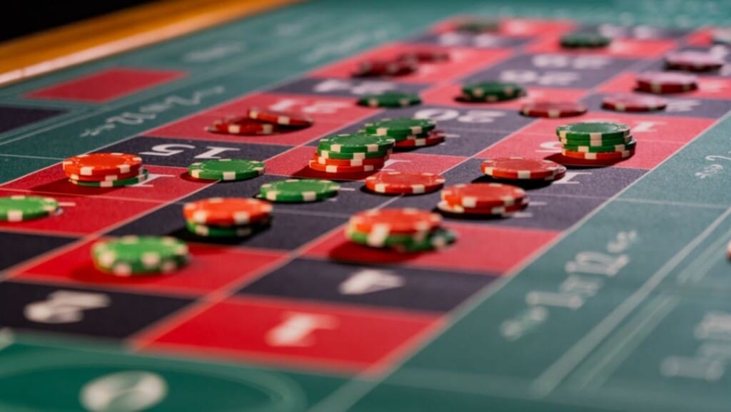 Stacks of red and green casino chips scattered across a roulette betting table. 