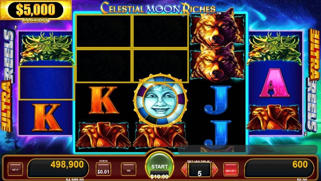 A screenshot of Celestial Moon Riches slot reels with the reels showing wolves, eagles, a moon face, letters, and a $5,000 jackpot banner at the top left. A small win worth 600 credits is being awarded.