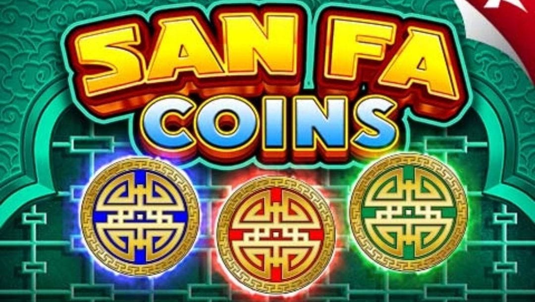 The title "SAN FA COINS" in a bold, 3D font is above three large, glowing, ornate coins.