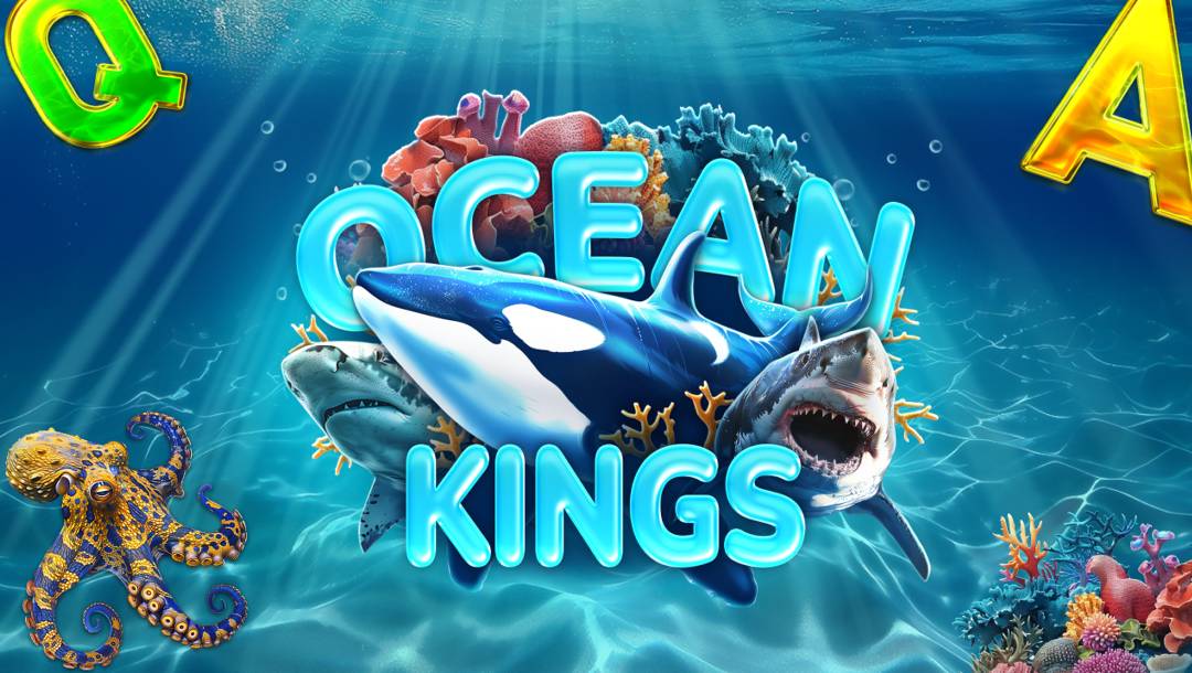 Title screen for the Ocean Kings slot game. The background is the ocean floor with waves of light shining upon it. In the foreground is the game title made of coral with two great white sharks and an orca bursting out of it.