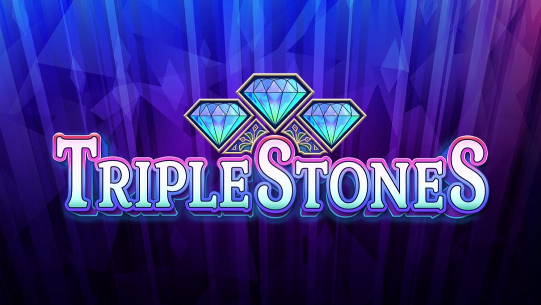 The Triple Stones title screen. The backdrop is a simple blue and lavender curtain with various shapes on it. The title is in the foreground and features the game title “Triple Stones” with three diamonds above it.