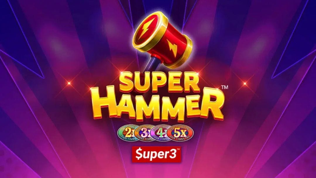 A vibrant, purple background with radiating stripes features the title "SUPER HAMMER" below a shiny, red and gold hammer. Below the title are buttons for 2X, 3X, 4X, and 5X and the words "$uper3".