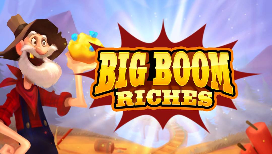 The Big Boom Riches title screen. It features a prospector holding a lump of gold with gems in it and various mining-related objects around him. The title is to the right of the prospector.