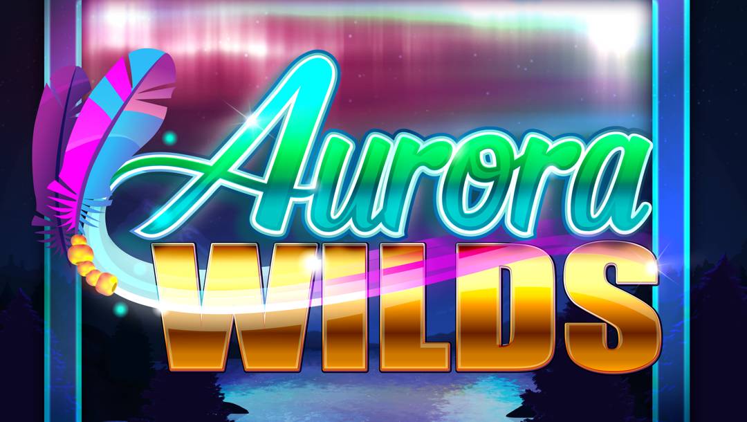 Title screen for Aurora Wilds online slot. The game logo is set above a beautiful lake at night with an aurora dancing through the skies.