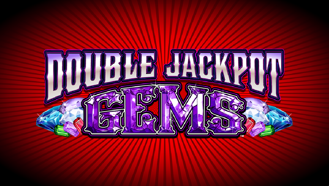 The shiny title "DOUBLE JACKPOT GEMS" is in a bold purple and silver font, flanked by colorful, sparkling jewels.