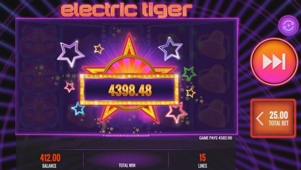 A screenshot of a big win on the Electric Tiger slot game. The game title appears in lower case letters on top of a banner displaying a win of $4,398, which appears over the slot reels.