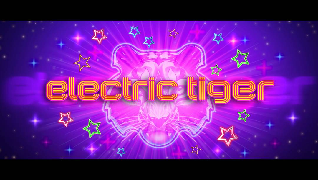 A banner for the Electric Tiger online slot. The background is shades of purple with a cartoon tiger in the middle. The tiger is surrounded by bright lights and stars. The game title is visible in front of the tiger’s head.