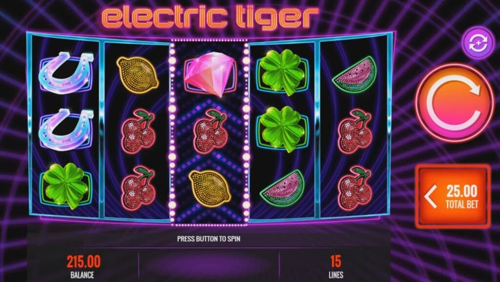 A screenshot of the gameplay of Electric Tiger. A 5x3 slot grid filled with fruit, horseshoe, and diamond symbols is outlined by neon borders. The background is made up of neon purple lines running diagonally across the screen.