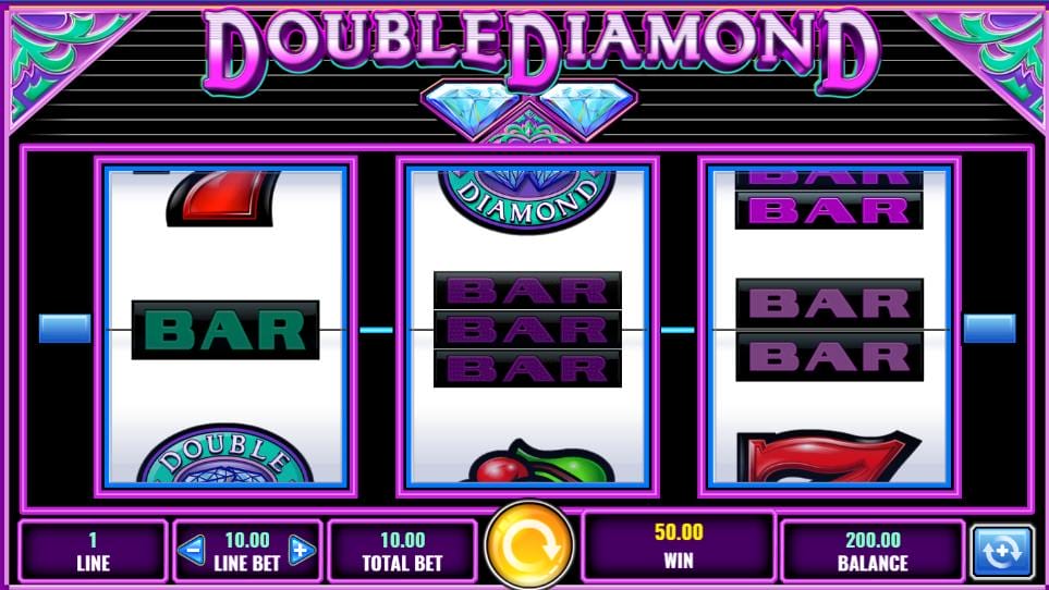 Screenshot of the Double Diamond slot game by IGT showing three reels with BAR symbols and a $50 win displayed on screen.