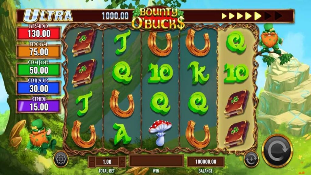 Bounty O’Bucks slot screen showing a 5x4 reel grid with symbols like books, horseshoes, mushrooms, and card ranks, plus jackpot tiers from Mini 15x to Grand 130x.