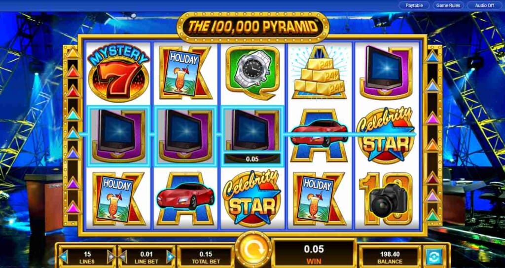 The 100,000 Pyramid slot screen showing a nominal win on a nominal bet with Mystery 7, holiday K, red car A, contestants icon, and TV symbols in view.