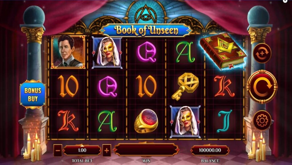 Book of Unseen slot showing reels with character symbols, masked lady, golden key, jeweled ring, card royals, and the “Bonus Buy” button illuminated.